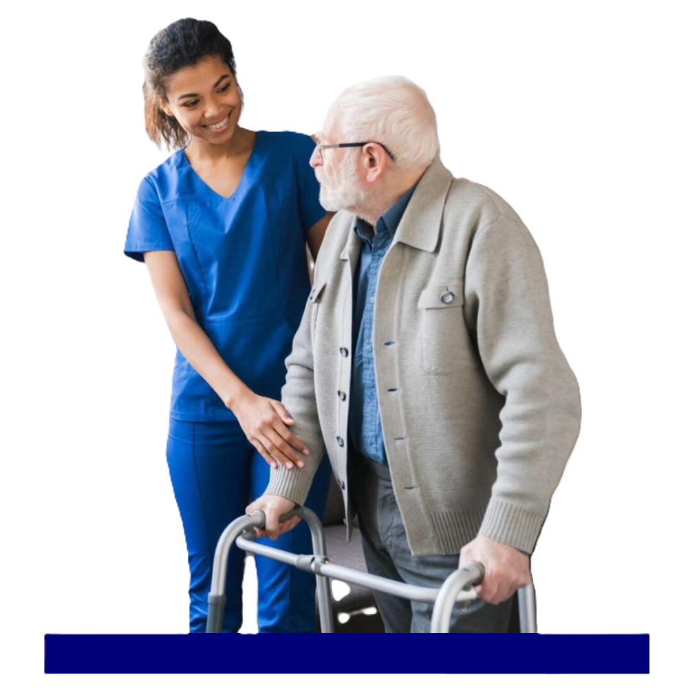 Professional caregiver guiding a senior with a walker, representing fulfilling healthcare careers and caregiver employment in Bergen County, NJ