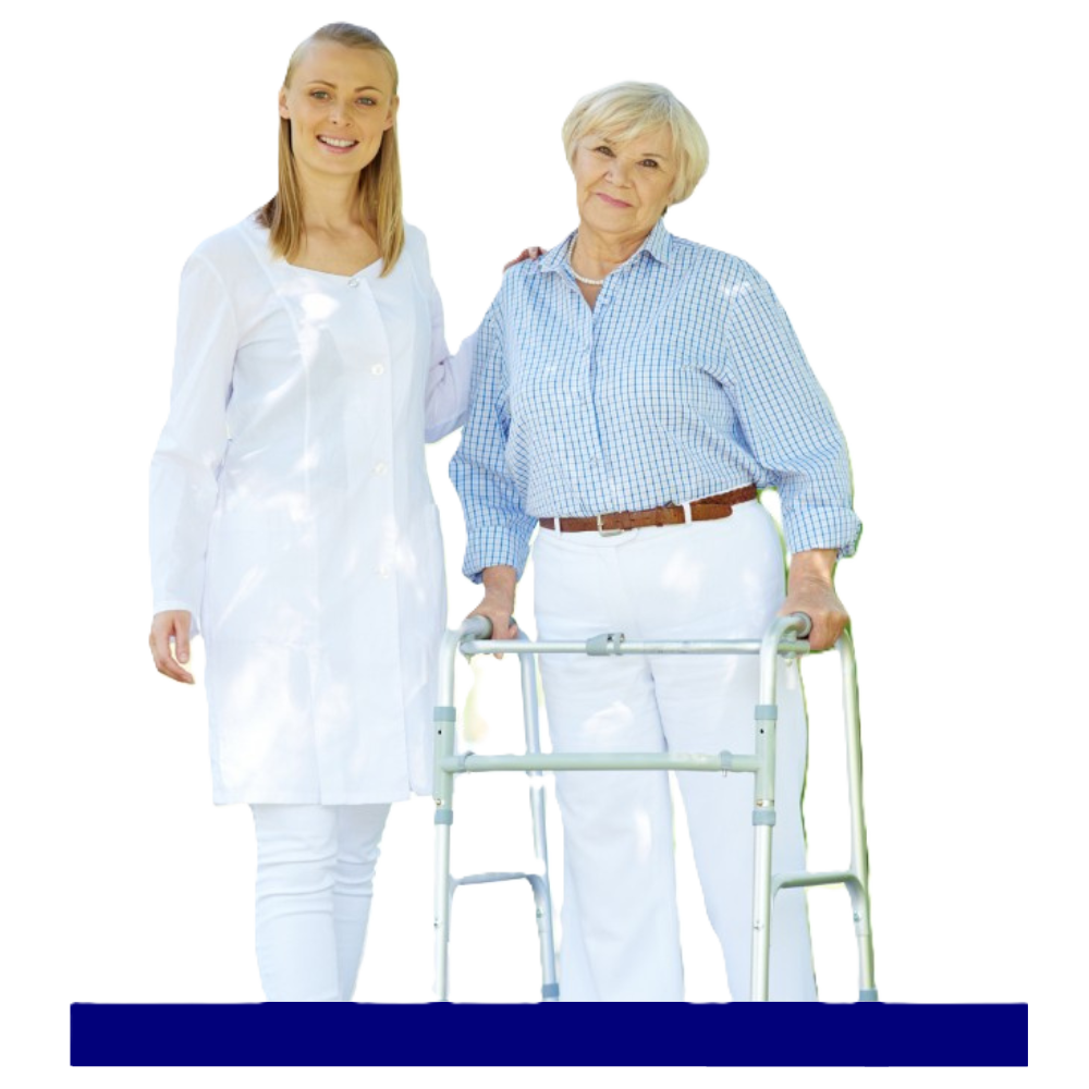 Caregiver walking beside senior with mobility aid, highlighting in-home care service availability throughout Bergen County, NJ