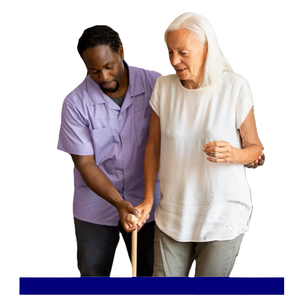 Caregiver supporting a senior with mobility assistance using a walker, delivering specialized home care services in Bergen County, NJ